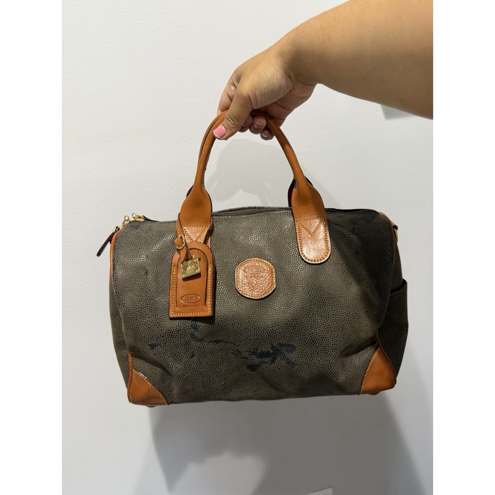BRIC'S ITALY pebbled Resistant Life Cargo Duffle TRAVEL Bag‎ Cognac Trim 14x9x7"